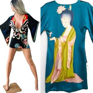 MEGHAN LA FABULOUS Rare KABUKI Kimono SILK Tunic WEARABLE ART - Imperfect AS-IS